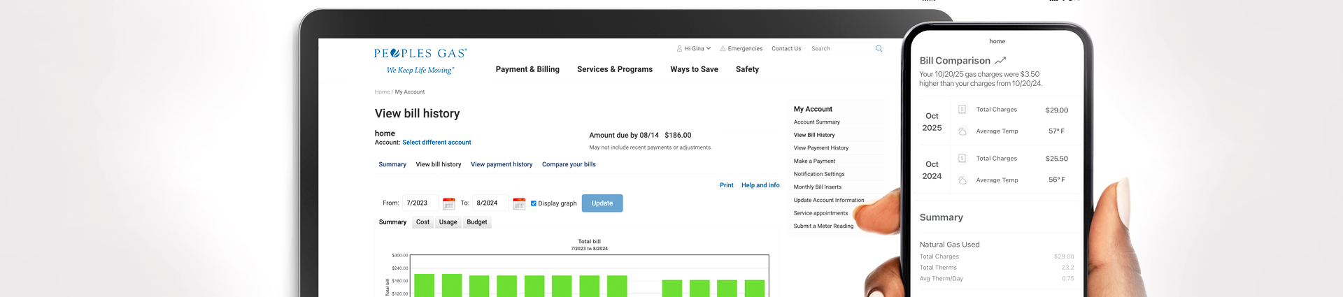 laptop displaying my account chart and phone displaying bill comparison content