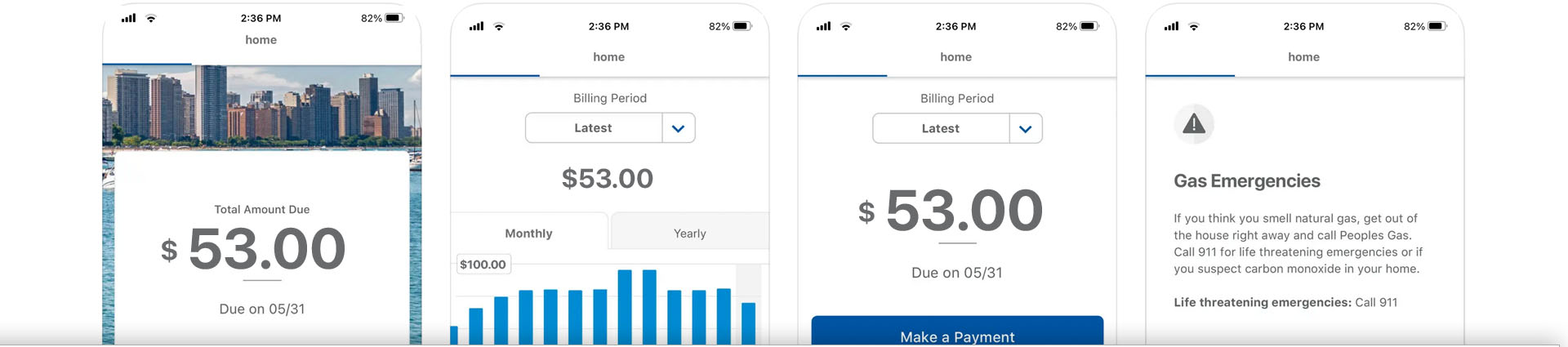 Peoples Gas app screens showing outage, payment, bill examples